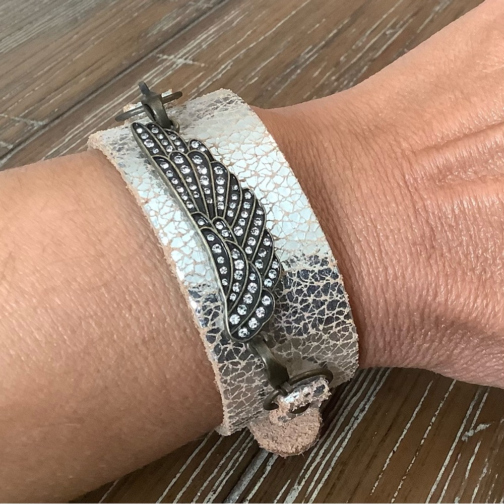 Silver Winged Leather Adjustable Cuff Bracelet
